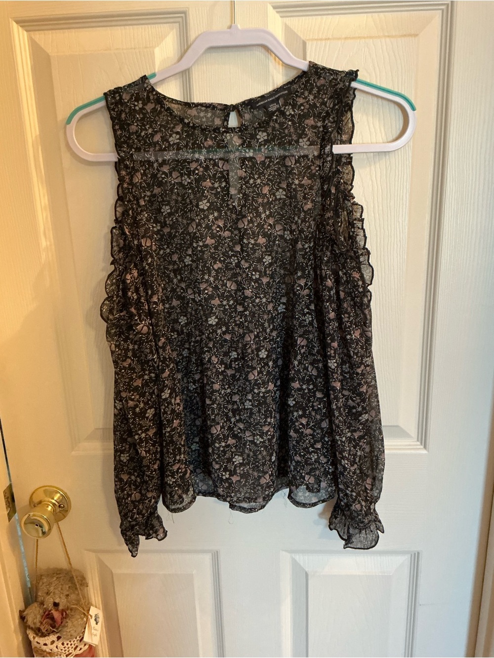 Aeropostale Black Floral Ruffle-Sleeve Sheer Blouse